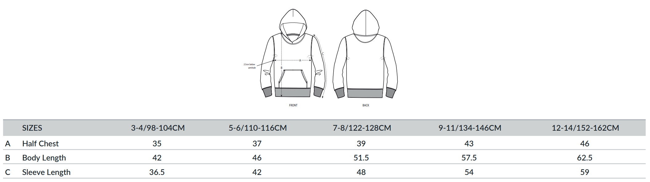 Barn hoodie Size Chart